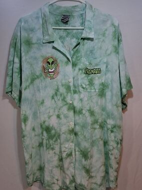 Promise Green Tie-Dye Short Sleeve Button-Up Shirt with Alien Graphic